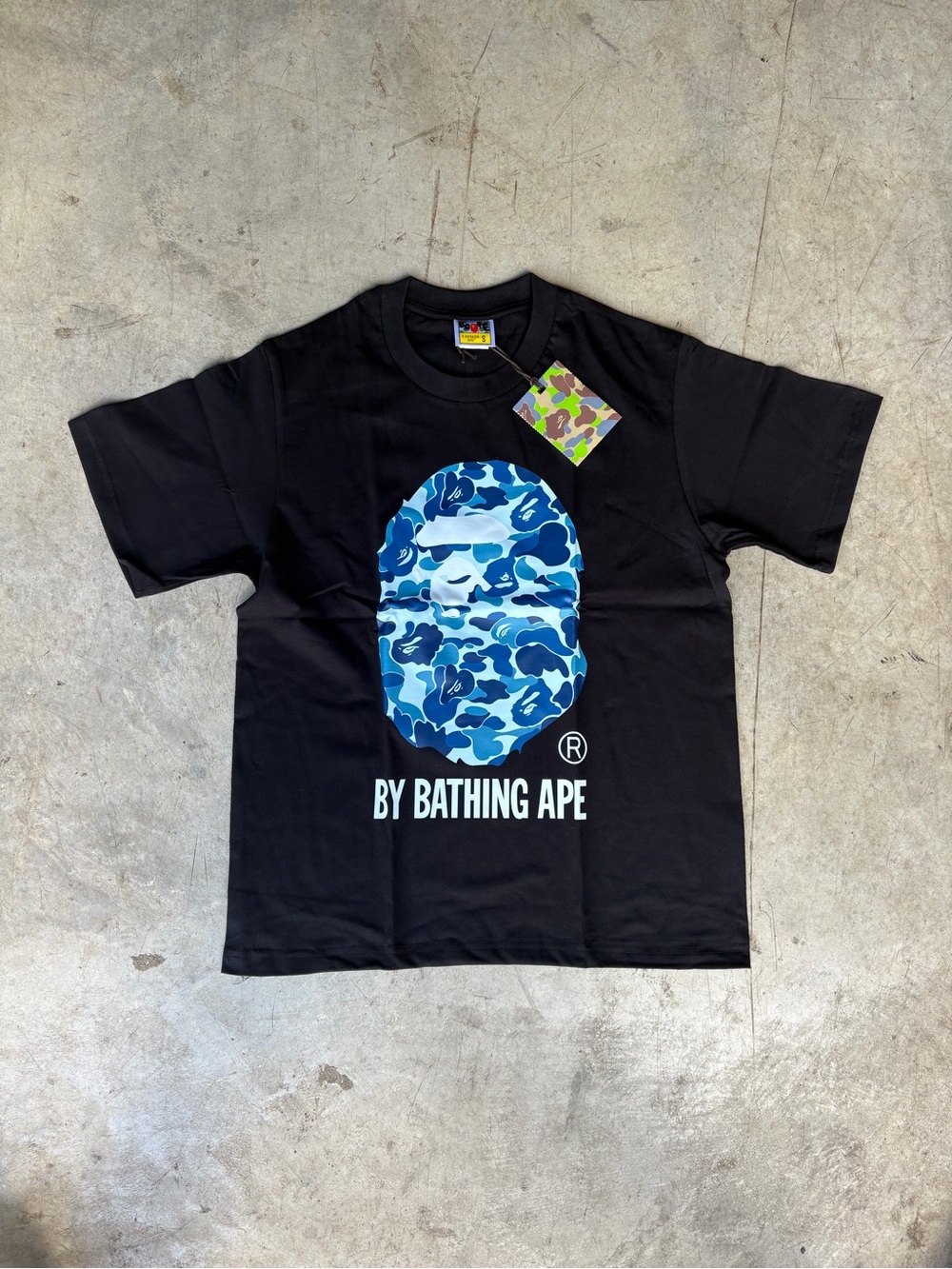 Bape Black Tee with Blue Camo Ape Head